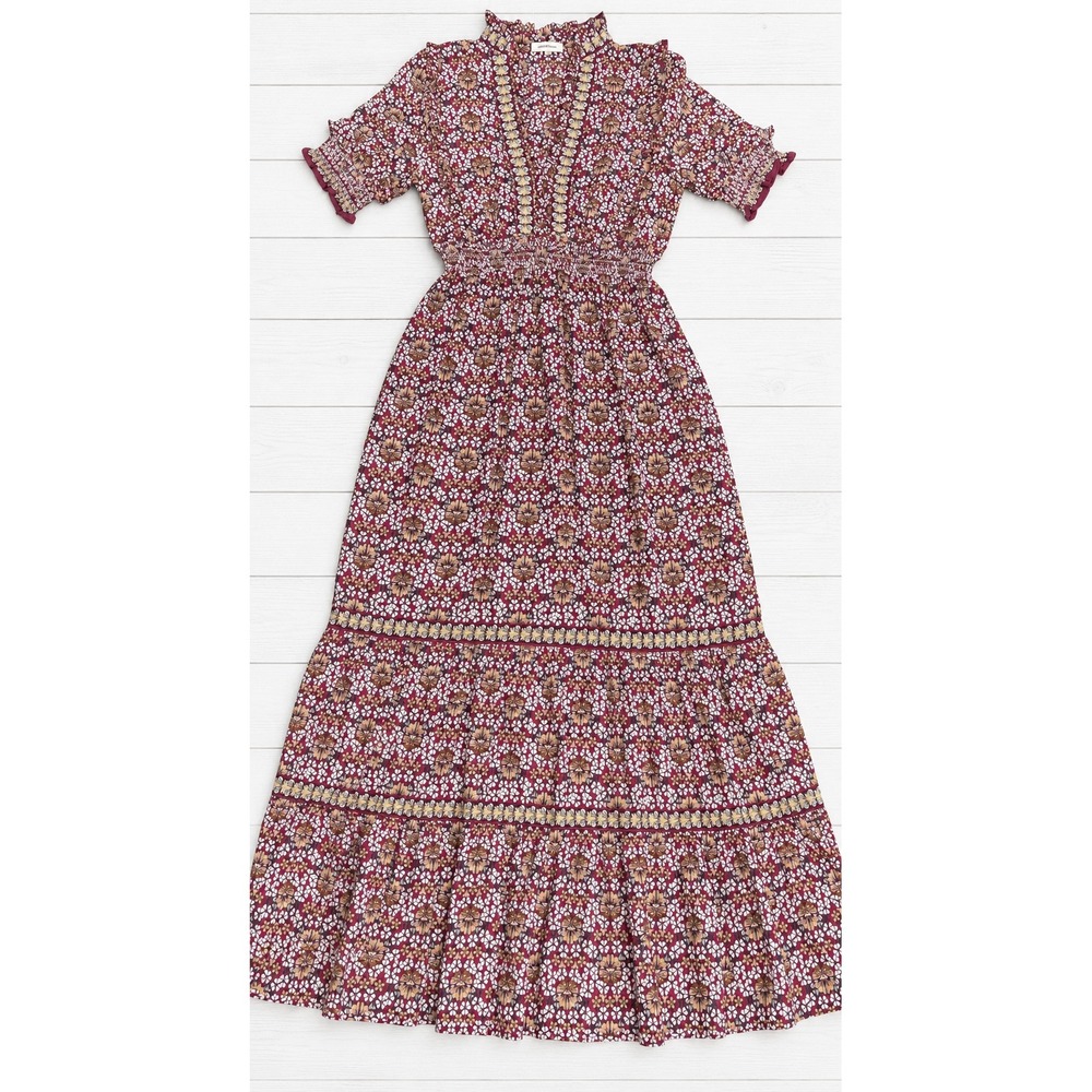 Max Studio Maxi Dress Floral Butterfly Boho Smocked Tiered Ruffle V-Neck Medium